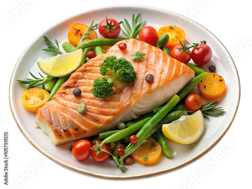 Grilled salmon with veggies and lemon