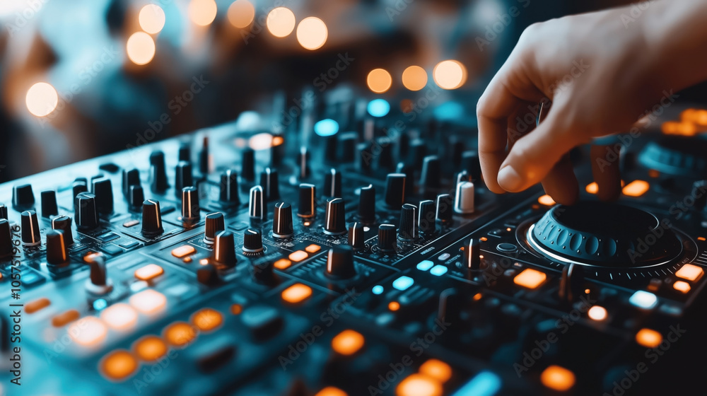 Close-up of DJ's hand adjusting knobs and controls on a professional audio mixing console at a music event with blurred lights in the background Close-up of DJ's hand adjusting knobs and controls on a professional audio mixing console at a music event with blurred lights in the background