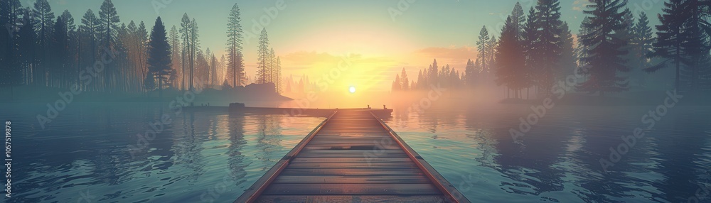 A serene and peaceful scene of a wooden bridge over a lake with a beautiful suns A serene and peaceful scene of a wooden bridge over a lake with a beautiful suns