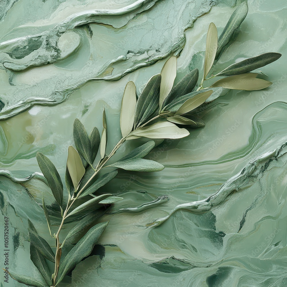 Abstract 3D green marble with an overlay of natural olive branch, creating an artistic composition that balances stone texture with organic elements, with room for text or logo. Abstract 3D green marble with an overlay of natural olive branch, creating an artistic composition that balances stone texture with organic elements, with room for text or logo.