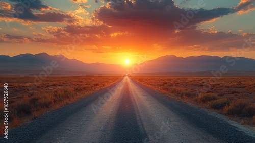 Sunset over a long, empty road in a vast landscape.