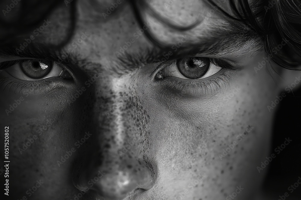 Intense close-up portrait of a freckled face in monochrome - expressive human emotion Intense close-up portrait of a freckled face in monochrome - expressive human emotion
