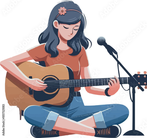 a girl is sitting in front of a microphone and playing a guitar.