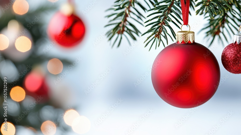 Red Christmas Ornament Hanging on Pine Branch Red Christmas Ornament Hanging on Pine Branch
