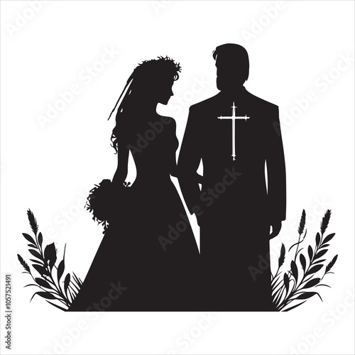 Christian Bride Silhouette Vector, Black on White Background 