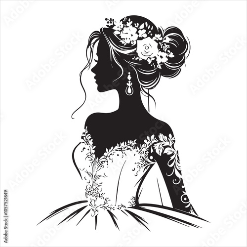 Christian Bride Silhouette Vector, Black on White Background 