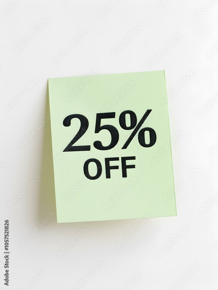 Black '25% OFF' Text on a Light Green Square Paper Note. White Background Black '25% OFF' Text on a Light Green Square Paper Note. White Background