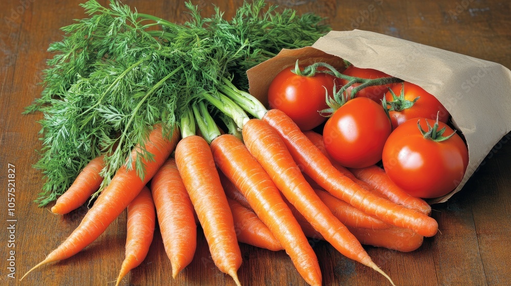 Assorted fresh vegetables in a paper bag, including carrots and tomatoes, isolated on a warm wooden background with soft lighting Assorted fresh vegetables in a paper bag, including carrots and tomatoes, isolated on a warm wooden background with soft lighting