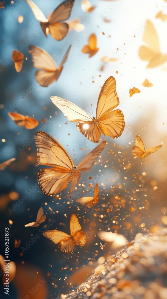 Golden butterflies in high fashion aesthetic with refined mood and ethereal atmosphere Golden butterflies in high fashion aesthetic with refined mood and ethereal atmosphere