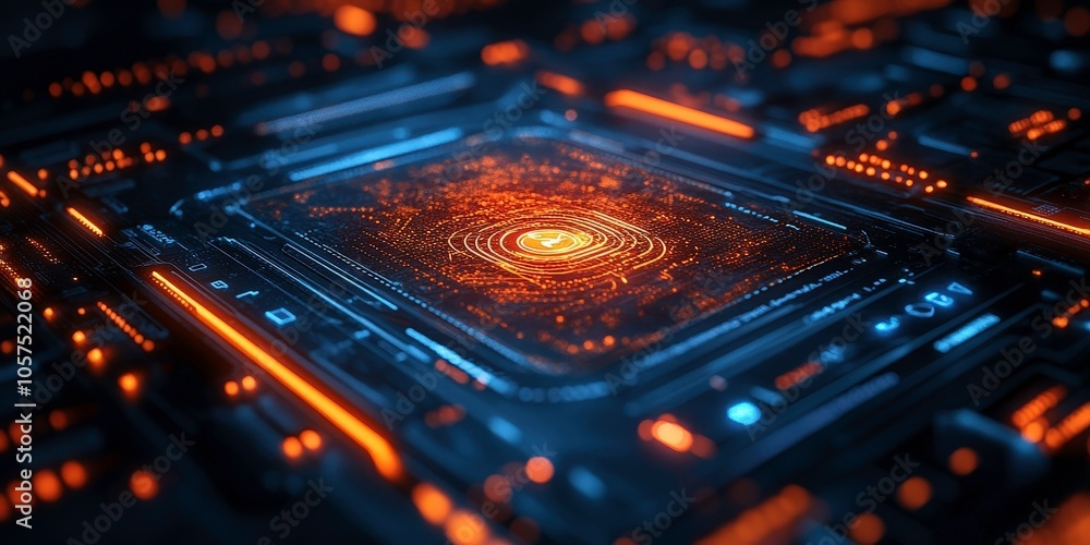 Futuristic circuit board with glowing elements in dark background Futuristic circuit board with glowing elements in dark background