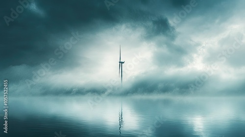 A single, isolated wind turbine against a moody, overcast sky, with the blades slicing through the calm, misty atmosphere