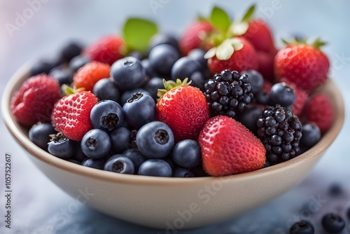 Bowl of mixed berries including strawberries blueberries and raspberries with a soft focus background, AI Generated