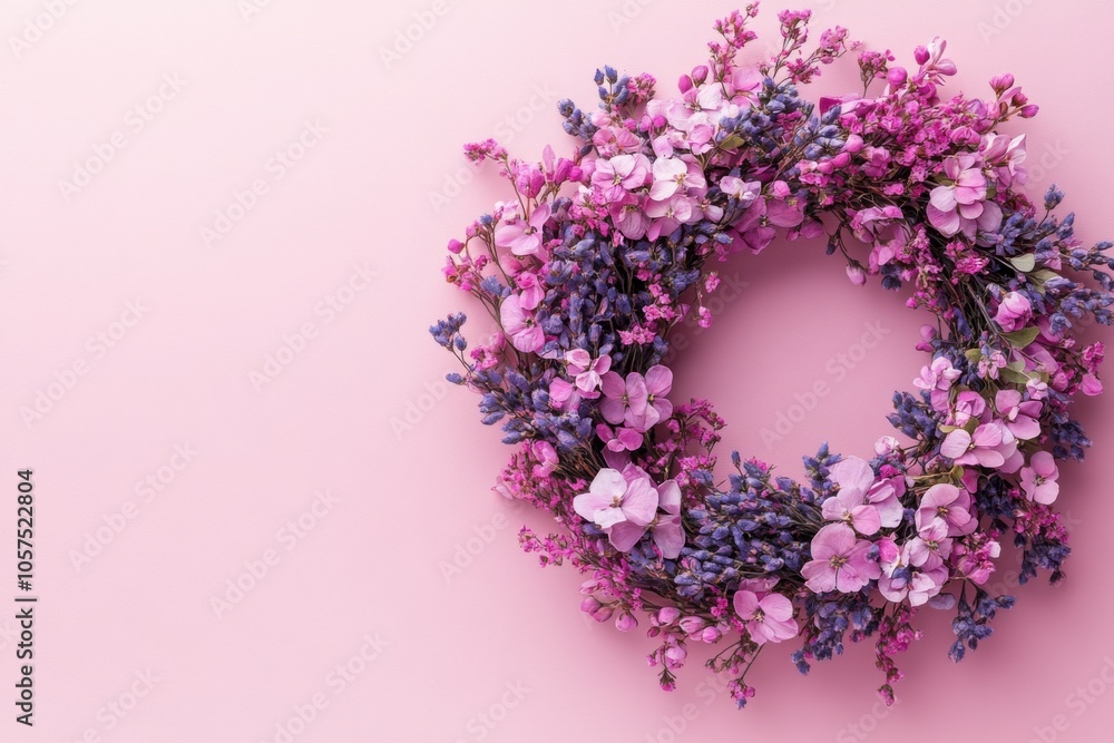 Minimalistic easter wreath with pink and purple flowers on soft pink background Minimalistic easter wreath with pink and purple flowers on soft pink background