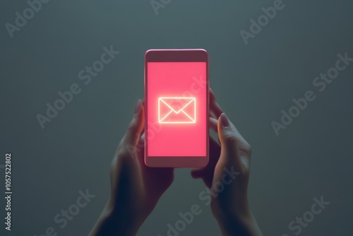 Vibrant smartphone showcasing an email icon female hands. Glowing pink smart phone is displaying e-mail sign. Mobile phone with envelope on screen. Concept of sending and receiving mail by cell phone