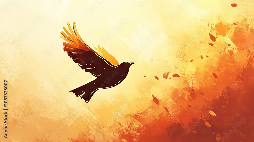 Fototapeta premium Bird silhouette gliding across a golden sunset, with the sun casting soft rays, filling the sky with a peaceful glow and warm hues.