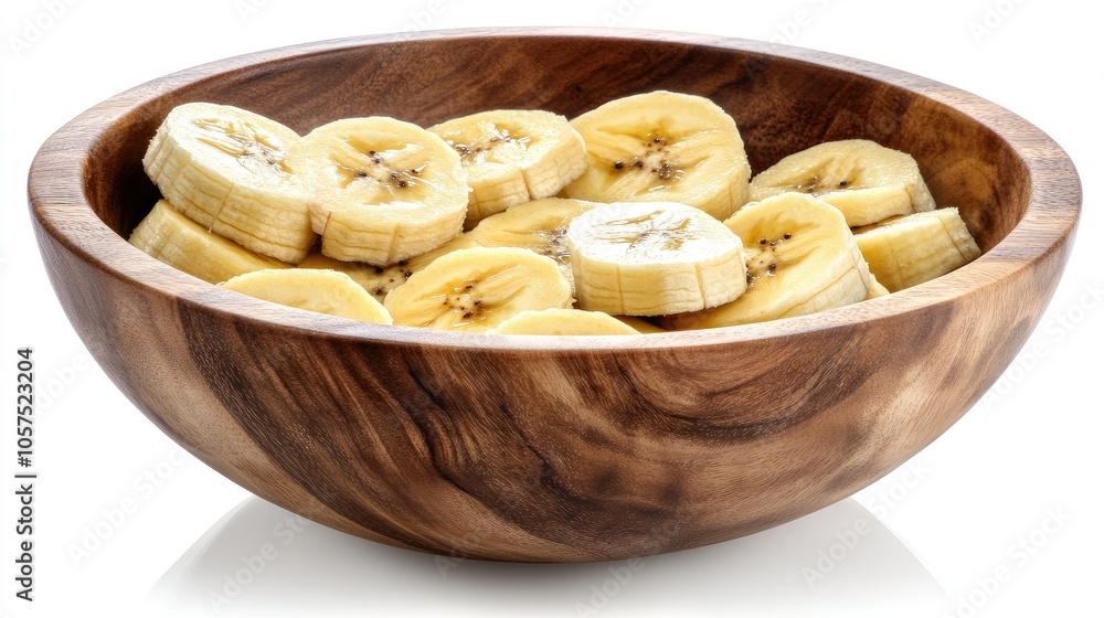 Bowl filled with fresh banana slices, arranged neatly, isolated on a white background, capturing the bright yellow tones and soft textures Bowl filled with fresh banana slices, arranged neatly, isolated on a white background, capturing the bright yellow tones and soft textures