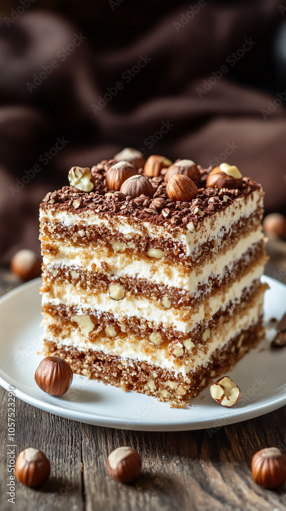 Tiramisu cake with hazelnuts and coffee powder on a white plate, resting on a wooden table Tiramisu cake with hazelnuts and coffee powder on a white plate, resting on a wooden table