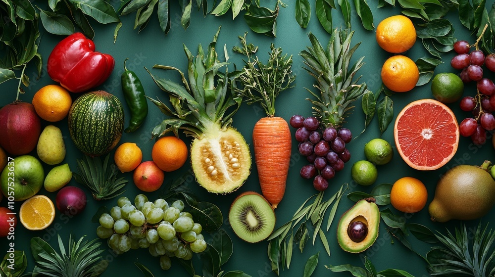 Assorted Fresh Fruits and Vegetables on a Green Background Assorted Fresh Fruits and Vegetables on a Green Background
