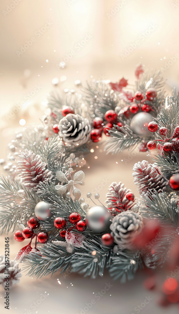 Cozy 3D Christmas Wreath with Pine Needles and Fairy Lights on Beige Background Cozy 3D Christmas Wreath with Pine Needles and Fairy Lights on Beige Background