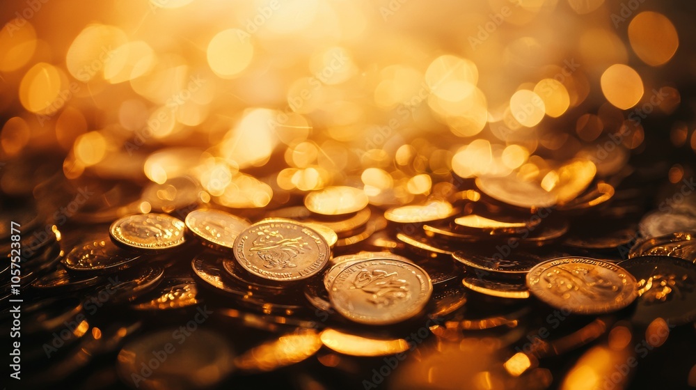 Close-up of Gold Coins with Warm Bokeh Light Close-up of Gold Coins with Warm Bokeh Light