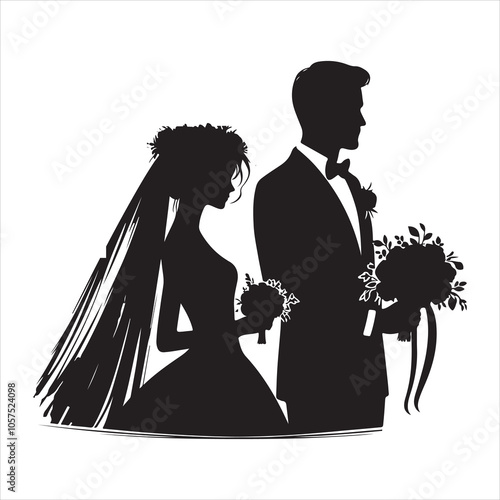Christian Bride Silhouette Vector, Black on White Background 