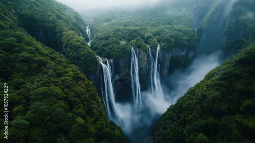 Aerial view of a lush green forested landscape with multiple waterfalls cascading into a misty canyon, surrounded by dense foliage and foggy atmosphere.