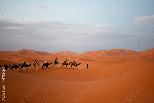 Turistas en camello por el desierto de Merzouga con un guía amazigh