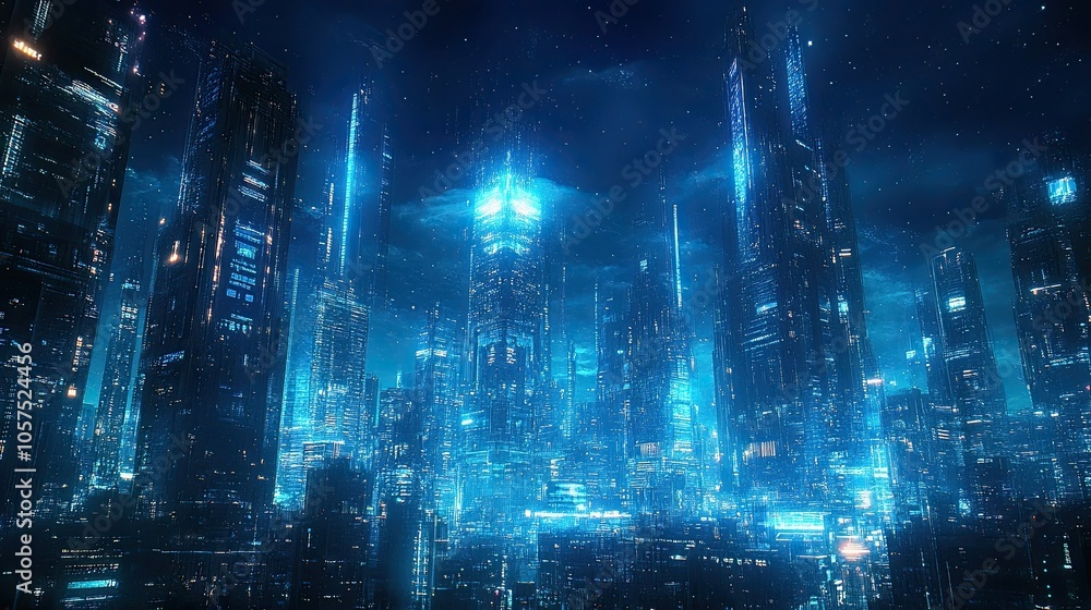 Cityscape on a dark blue background with bright glowing neon. Technological background of the city. Cityscape on a dark blue background with bright glowing neon. Technological background of the city.