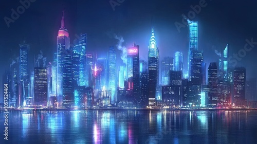 Wallpaper Mural Cityscape on a dark blue background with bright glowing neon. Technological background of the city.  Torontodigital.ca