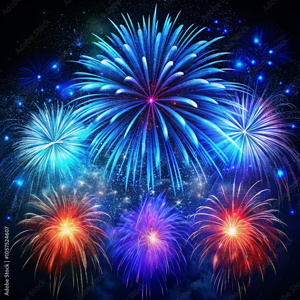 Fototapeta premium Blue colorful fireworks on the black sky background