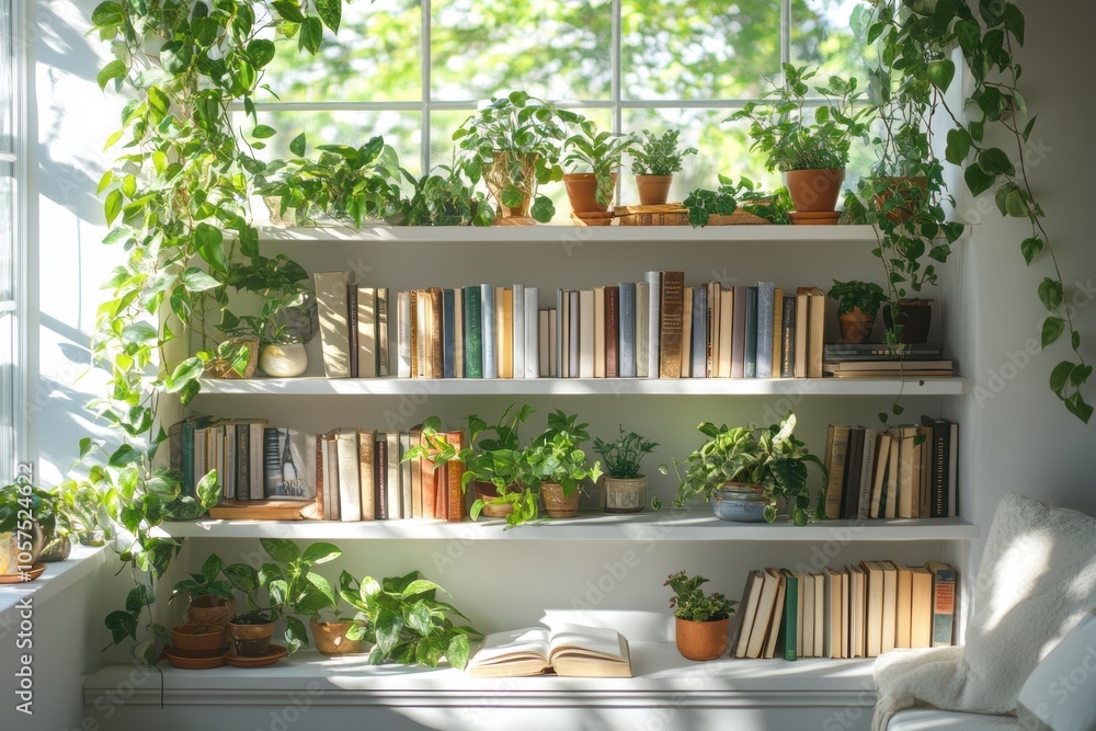 home interior decor, sunny living room with white wooden shelves filled with plants and books, leaving room for your own touch home interior decor, sunny living room with white wooden shelves filled with plants and books, leaving room for your own touch