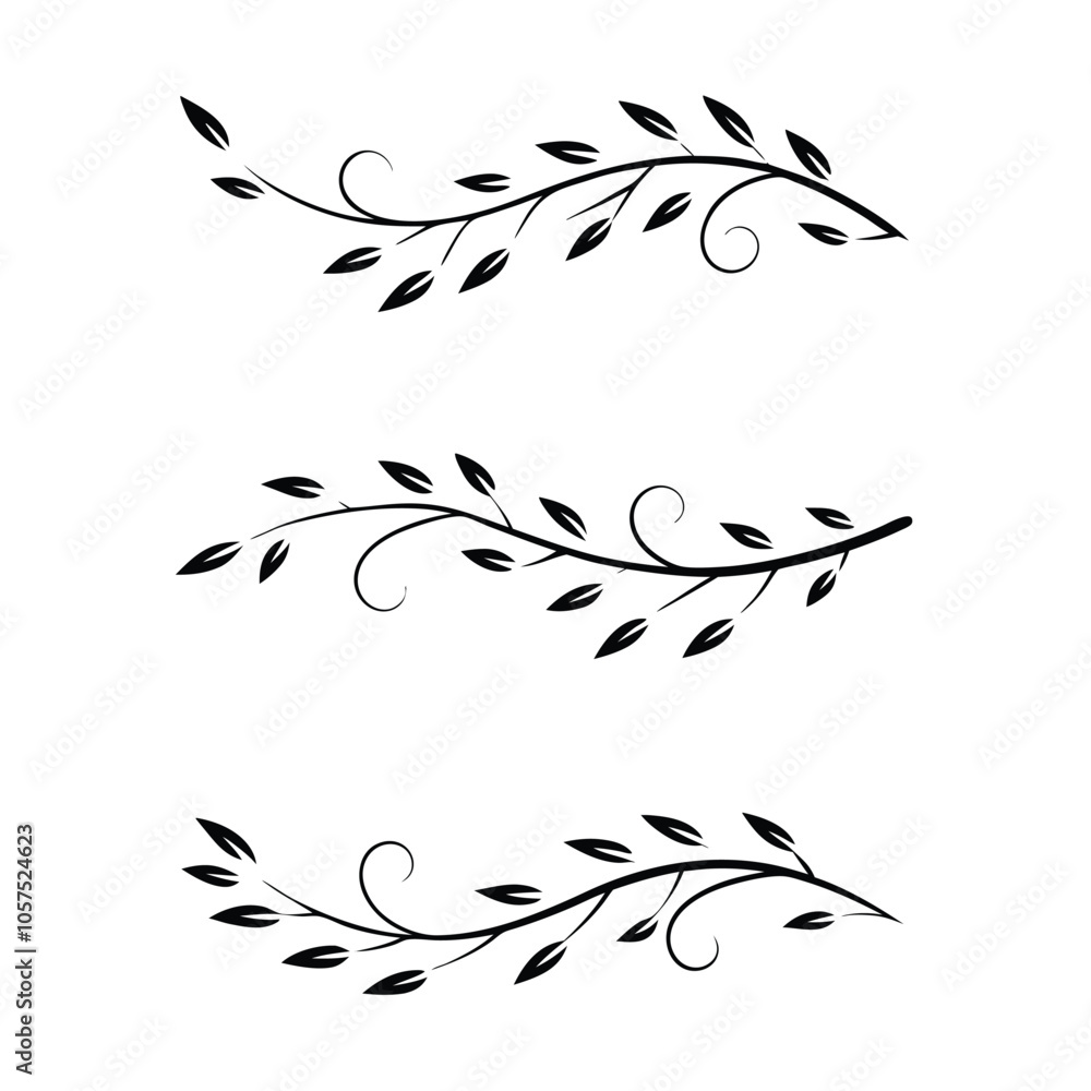 Fototapeta premium Elegant Vector-Style Branch Tattoo Designs with Swirling Leaves, Black Ink Minimalist Nature Art