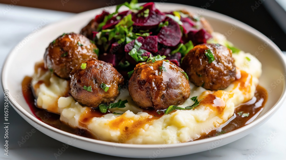 Plate of meatballs served on mashed potatoes with gravy and a side of beet garnish in a bowl Plate of meatballs served on mashed potatoes with gravy and a side of beet garnish in a bowl