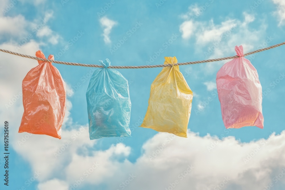 Reusable colored bags drying on rope against cloudy backdrop. Reusable colored bags drying on rope against cloudy backdrop.