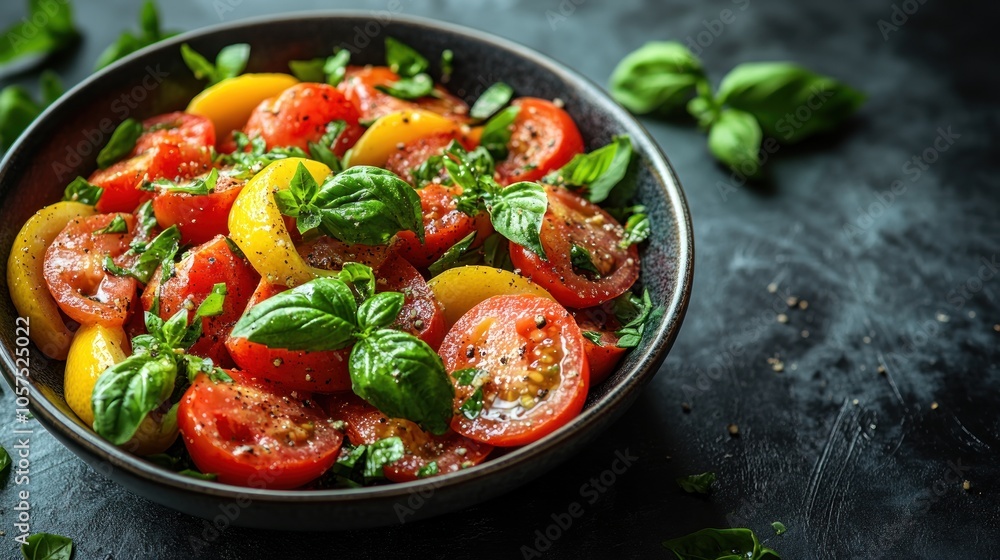 A fresh tomato and basil salad in a dark bowl. A fresh tomato and basil salad in a dark bowl.