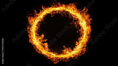 Close-up of a blazing ring of fire, flames crackling in a vivid circular shape, casting warm light in a dark setting.