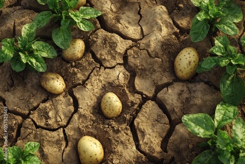 Potato crop affected by drought  climate change  soil degradation. photo