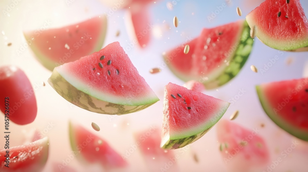 Vibrant collection of watermelon slices with seeds floating against a soft pastel background, creating a dynamic composition with ample copy space for creative use. Vibrant collection of watermelon slices with seeds floating against a soft pastel background, creating a dynamic composition with ample copy space for creative use.