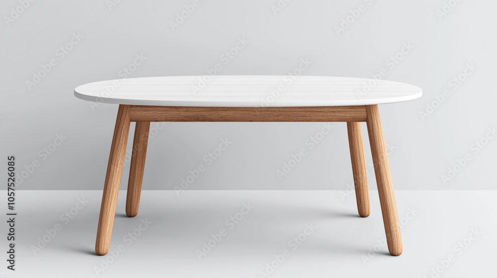 Round white table with wooden legs in a minimalist setting against a neutral background, showcasing modern interior design aesthetic. Round white table with wooden legs in a minimalist setting against a neutral background, showcasing modern interior design aesthetic.