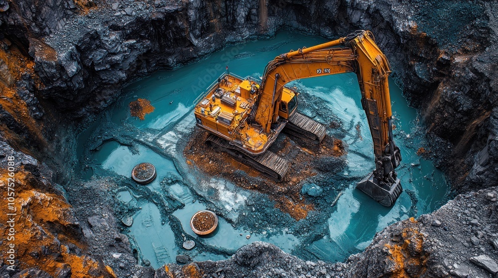 Excavator working in a quarry with turquoise water. Excavator working in a quarry with turquoise water.