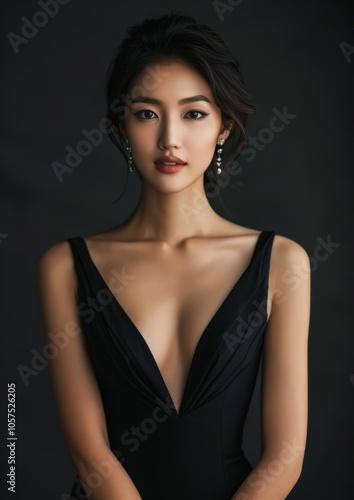 Gorgeous Asian model in a sleek body-hugging evening gown