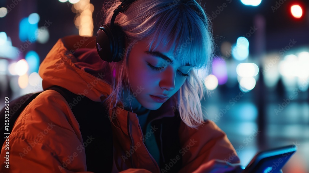 Young woman is sitting on the sidewalk, looking at her phone Young woman is sitting on the sidewalk, looking at her phone