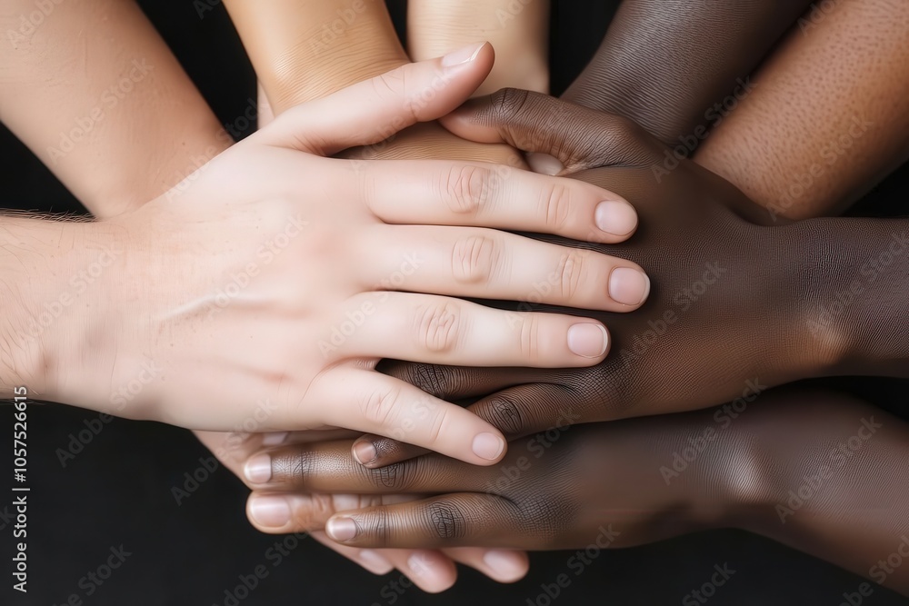 Fototapeta premium A diverse group of hands stacked together, symbolizing unity, diversity, and collaboration, contrasted against a dark background.