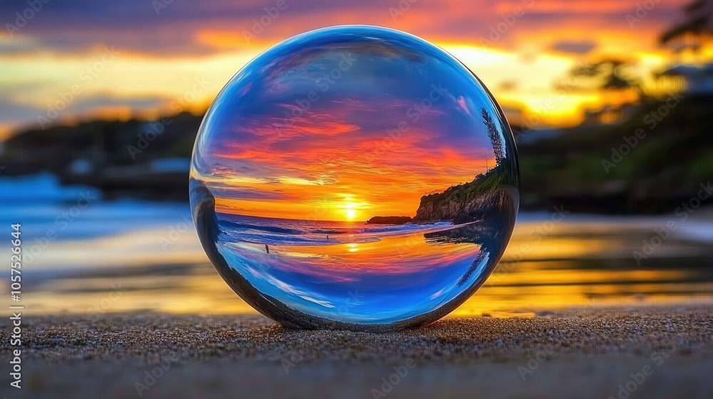 Crystal ball capturing an ocean sunset, resting on warm beach sand with vibrant reflections of orange, pink, and purple sky Crystal ball capturing an ocean sunset, resting on warm beach sand with vibrant reflections of orange, pink, and purple sky