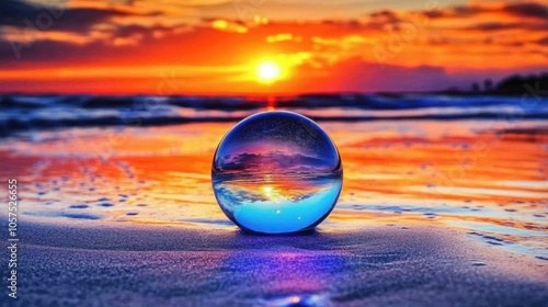 Crystal ball capturing an ocean sunset, resting on warm beach sand with vibrant reflections of orange, pink, and purple sky