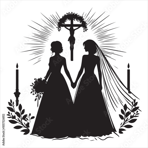 Christian Bride Silhouette Vector, Black on White Background 