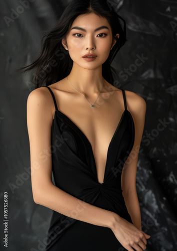 Gorgeous Asian model in a sleek tight-fitting gown