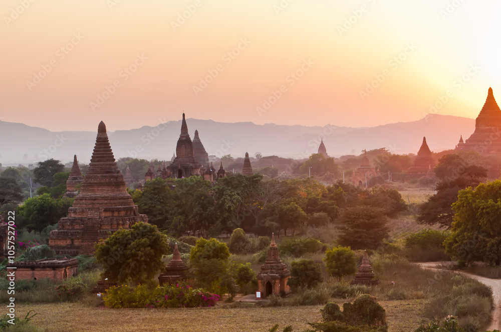 Temples at sunset from Shwesandaw Pagoda in Bagan, Myanmar; Bagan, Myanmar Temples at sunset from Shwesandaw Pagoda in Bagan, Myanmar; Bagan, Myanmar