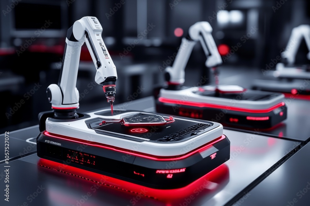 Assembly line with robotic arms operating through machine learning ...