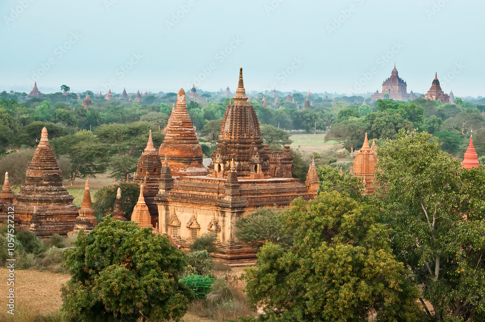 View of Temples from Shwesandaw Pagoda in Bagan, Myanmar; Bagan, Myanmar View of Temples from Shwesandaw Pagoda in Bagan, Myanmar; Bagan, Myanmar
